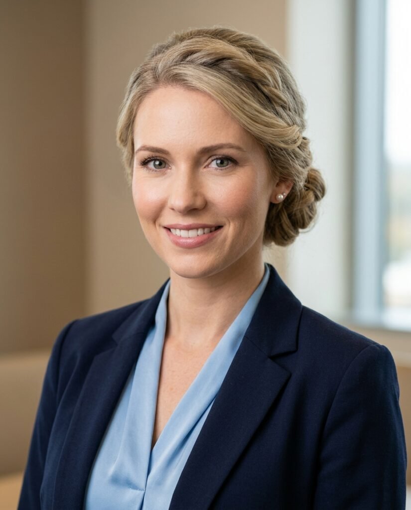 Headshot of a smiling female professional with blonde hair in an updo wearing a navy blue business jacket.