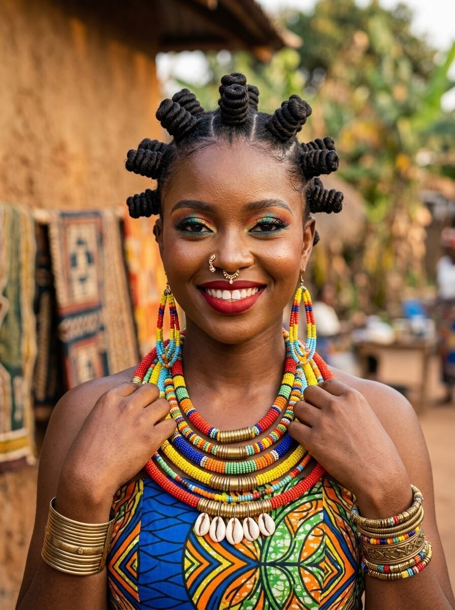 Portrait of a woman with braided knots, colorful layered seed bead necklaces, cowrie shells, and gold arm cuffs.