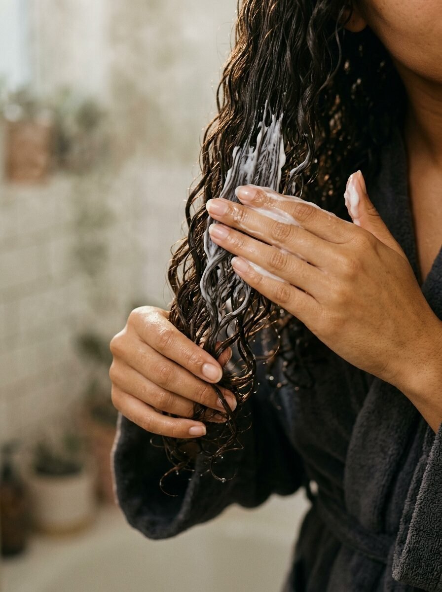 Close up of hands smoothing styling product through dark wavy hair strands.