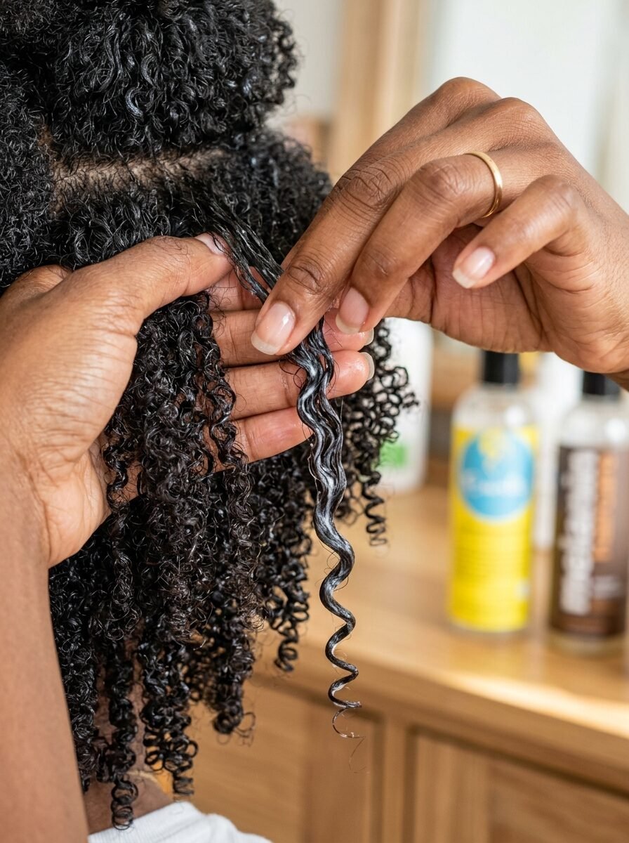 Close up of hands working white hair cream into a single strand of dark, tight curly hair.