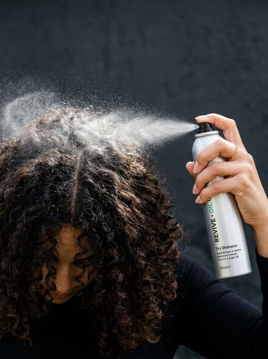 Close-up of a person using a silver aerosol can of dry shampoo to mist their curly dark hair.