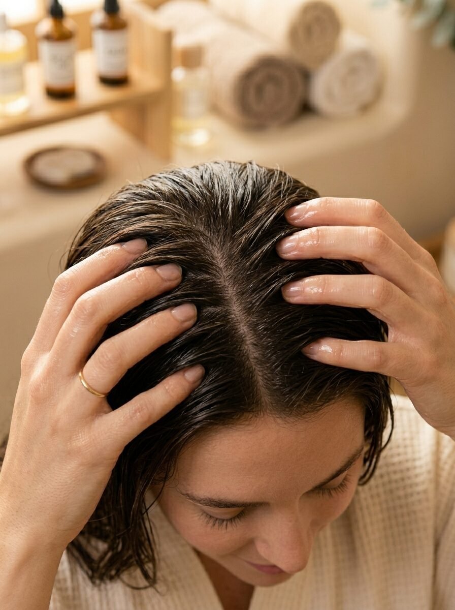 Close up overhead view of hands massaging oil into a woman's wet, dark hair.