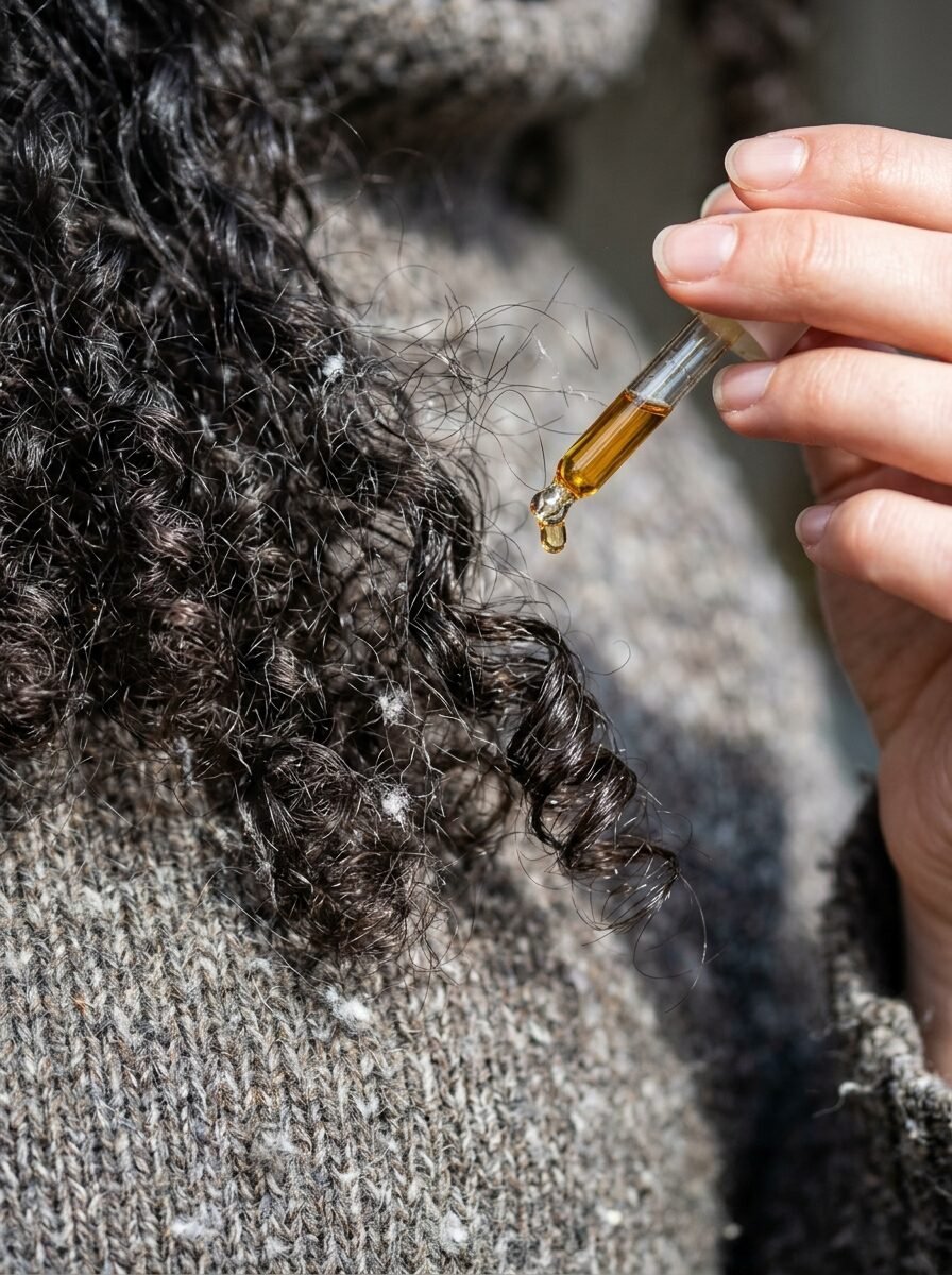 Close-up of a hand using a glass dropper to apply golden oil treatment to textured dark hair.