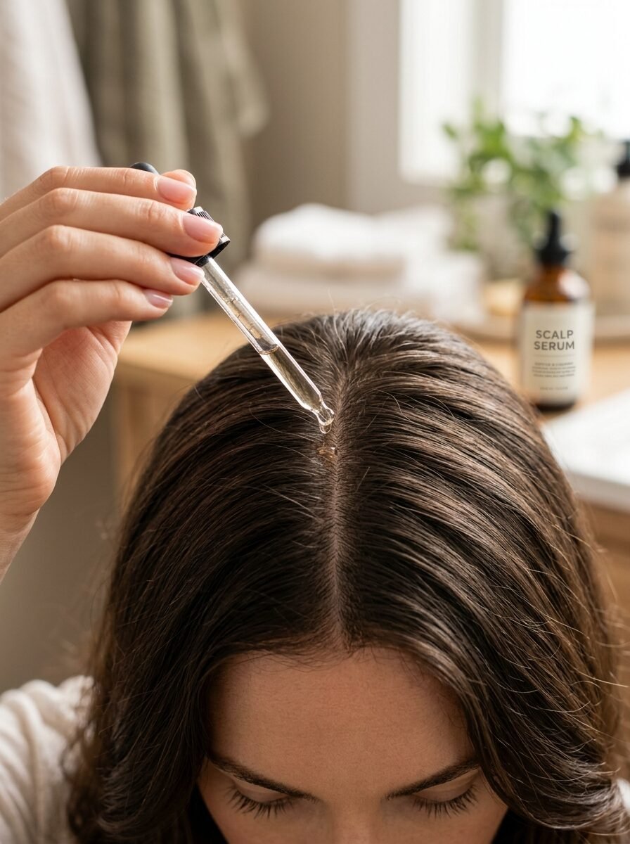 Close up of a hand using a glass dropper to apply clear hair serum directly onto a woman's scalp.