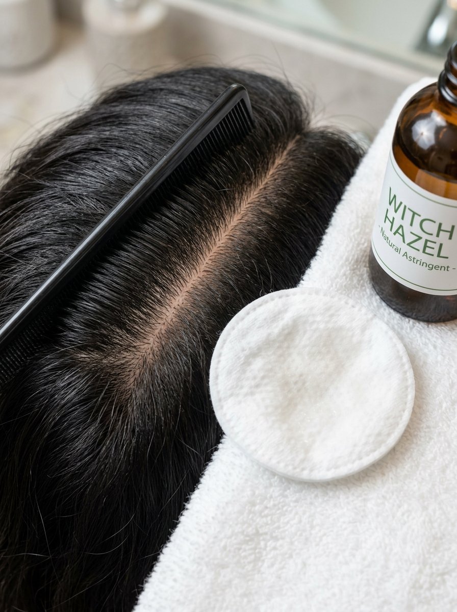 Close-up of a black comb parting hair with a cotton pad and bottle of witch hazel nearby.