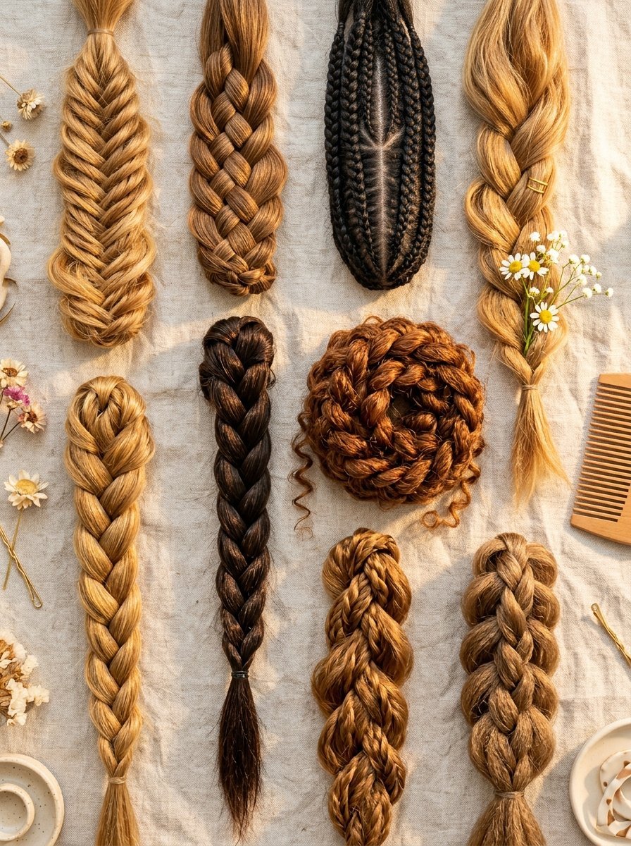 Various blonde and dark brown braided hair pieces arranged neatly on a light fabric background with a wooden comb.