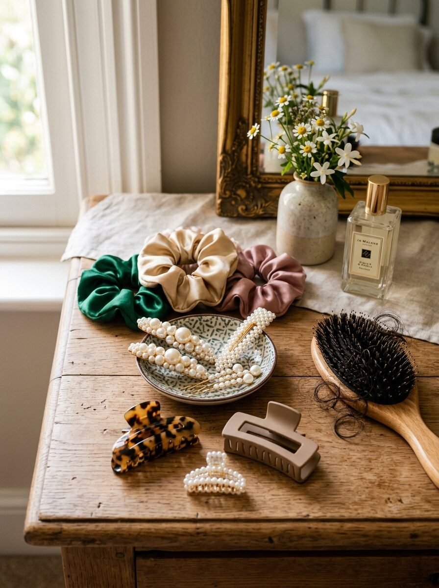 Hair accessories including scrunchies, pearl barrettes, and claw clips arranged on a rustic wooden table.