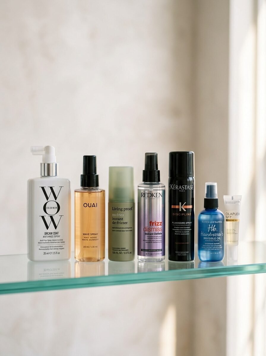 A lineup of premium hair products including Color Wow, Ouai, Redken, Kerastase, and Olaplex on a clear shelf.