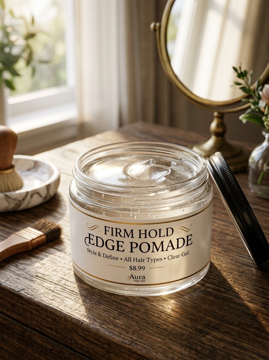 Open jar of Aura brand clear firm hold edge pomade sitting on a rustic wooden desk with a small styling brush.
