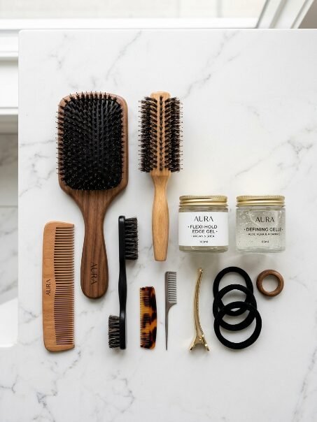 Top-down view of hair brushes, combs, edge gels, and black hair ties on a marble surface.