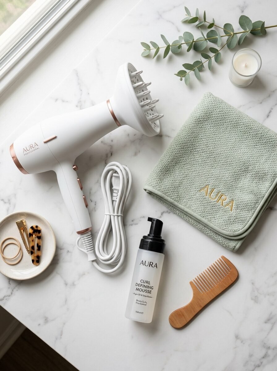 White hairdryer, diffuser, green towel, curl mousse, and hair clips set on a marble bathroom counter.