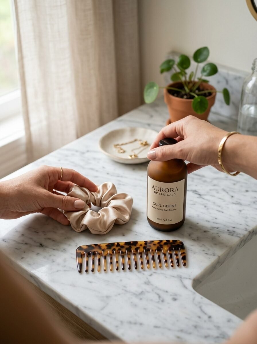 Close-up of hair care products including a silk scrunchie, tortoise shell comb, and Aurora Botanicals curl cream on marble.