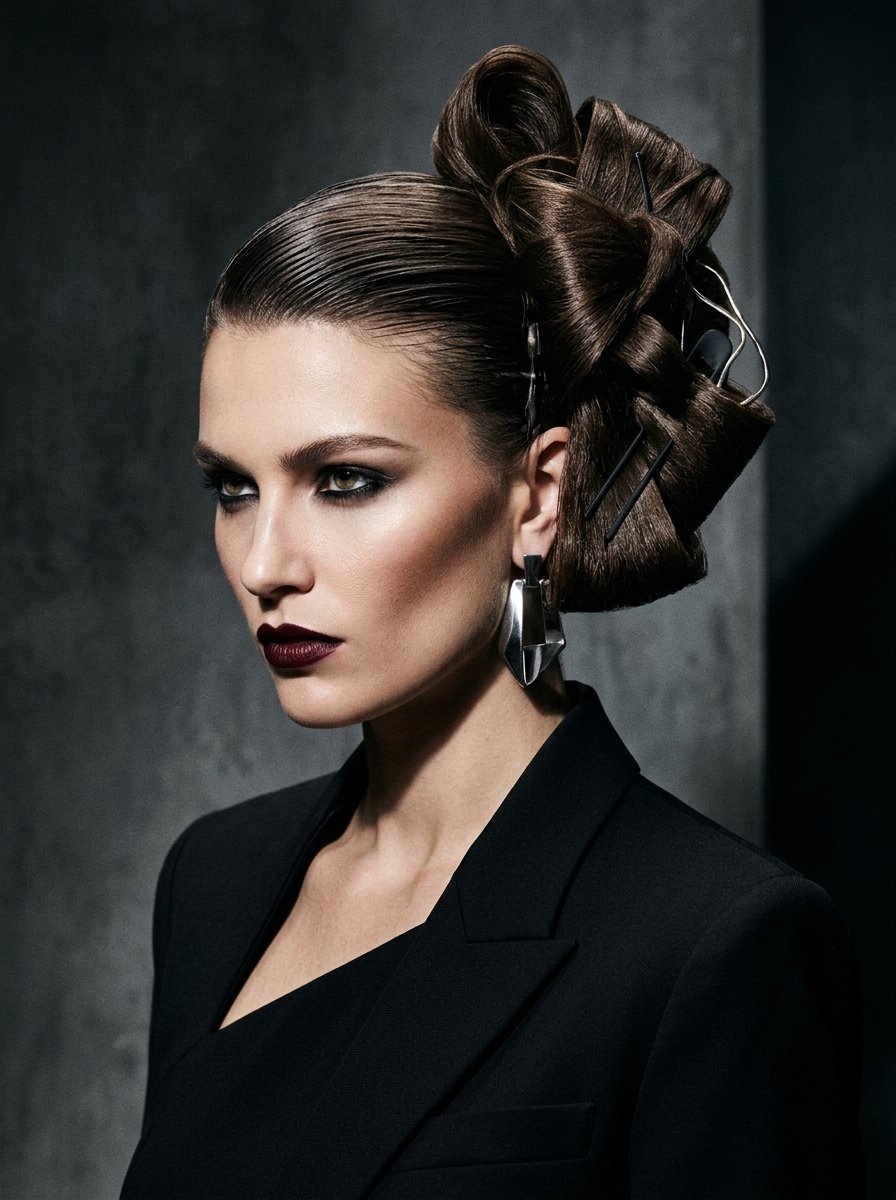 Model with slicked hair and a complex, sculptural hair arrangement paired with a black blazer and silver earrings.