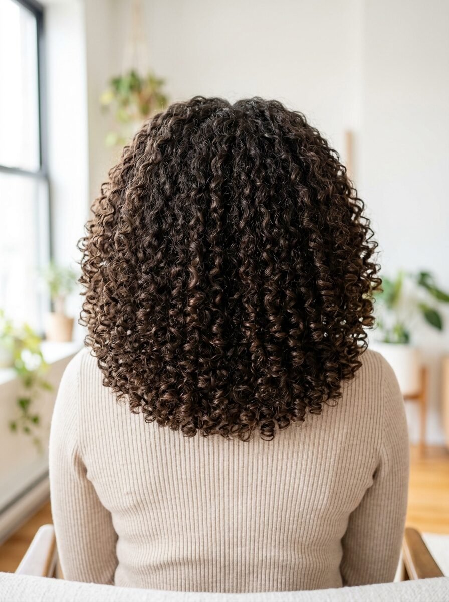 Close up rear view of a person with thick, bouncy dark brown curly hair and a neutral knit top.