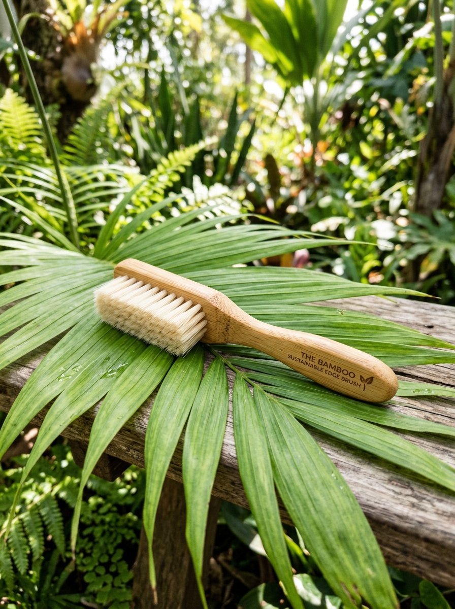 Close up of a wooden eco-friendly styling tool with soft bristles placed on a tropical fern leaf outdoors.
