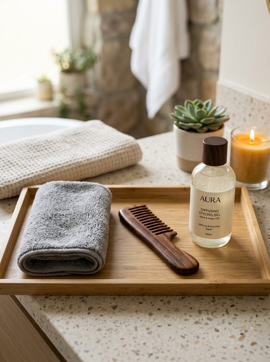 A grey towel, wooden wide-tooth comb, and bottle of Aura hair gel arranged neatly on a bamboo tray.