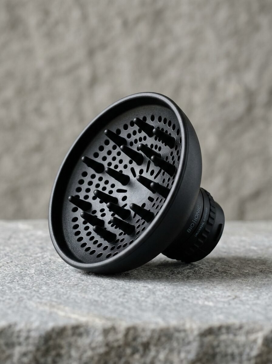 A matte black round hair dryer diffuser with prongs sitting on a grey stone slab.