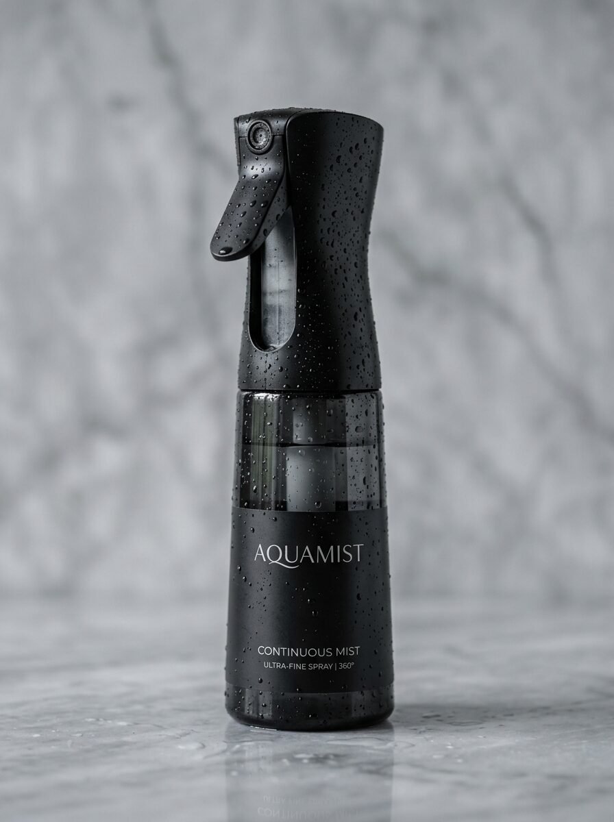 A matte black plastic spray bottle with water droplets sitting on a grey marble countertop surface.