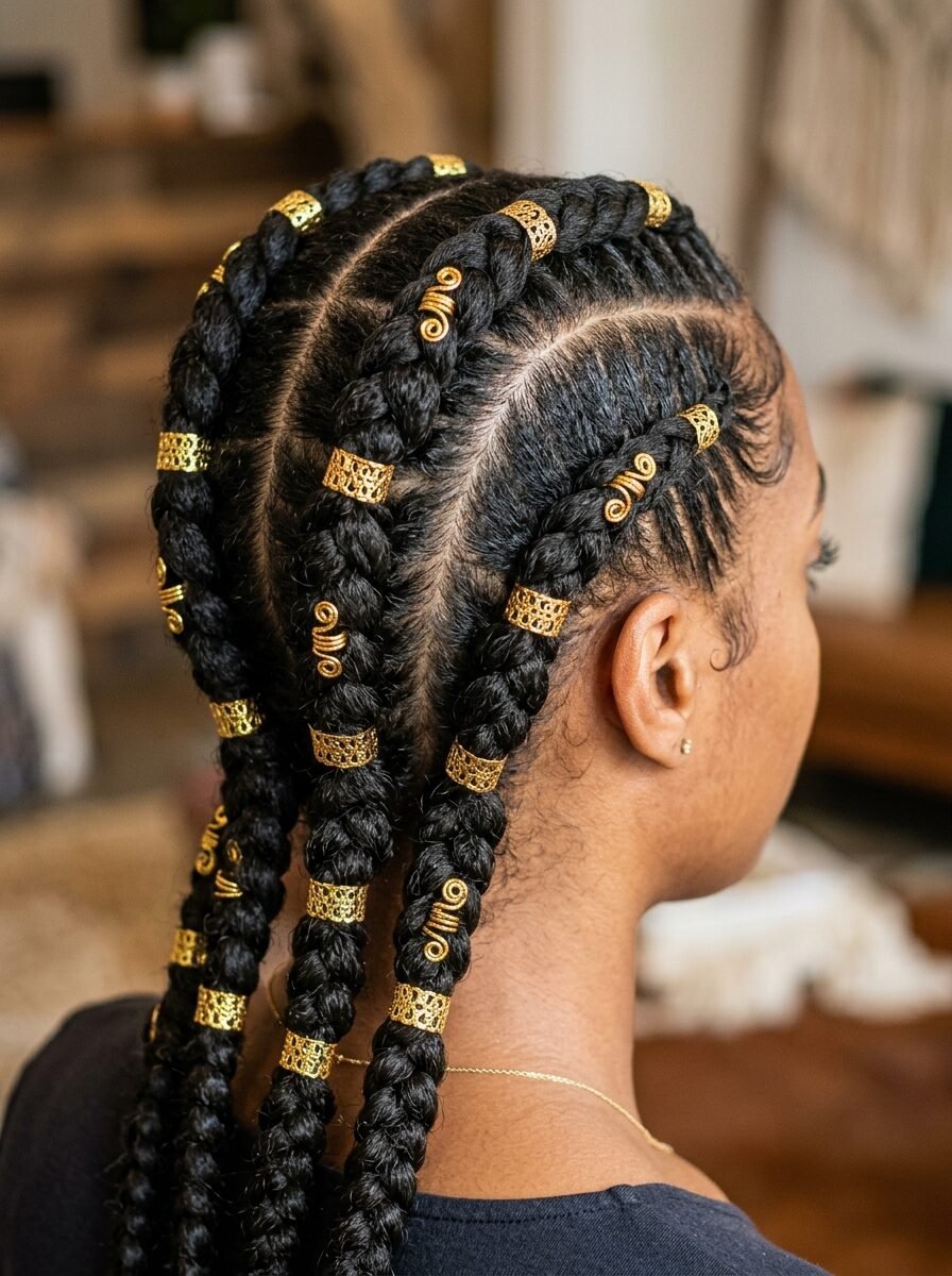Close up rear view of a woman with black hair in thick cornrow braids adorned with gold rings and filigree charms.