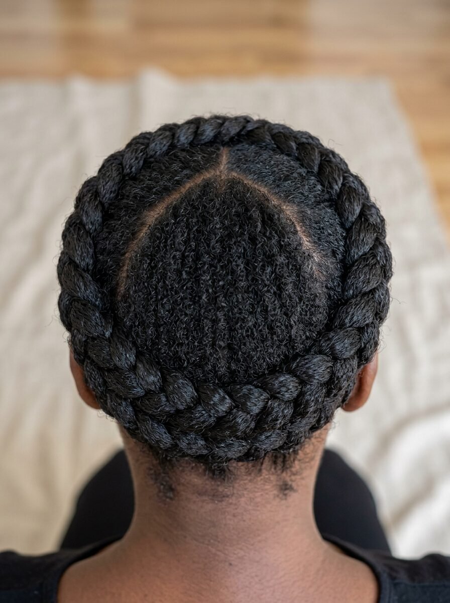 Top view of a person with dark textured hair styled into a neat circular halo braid.