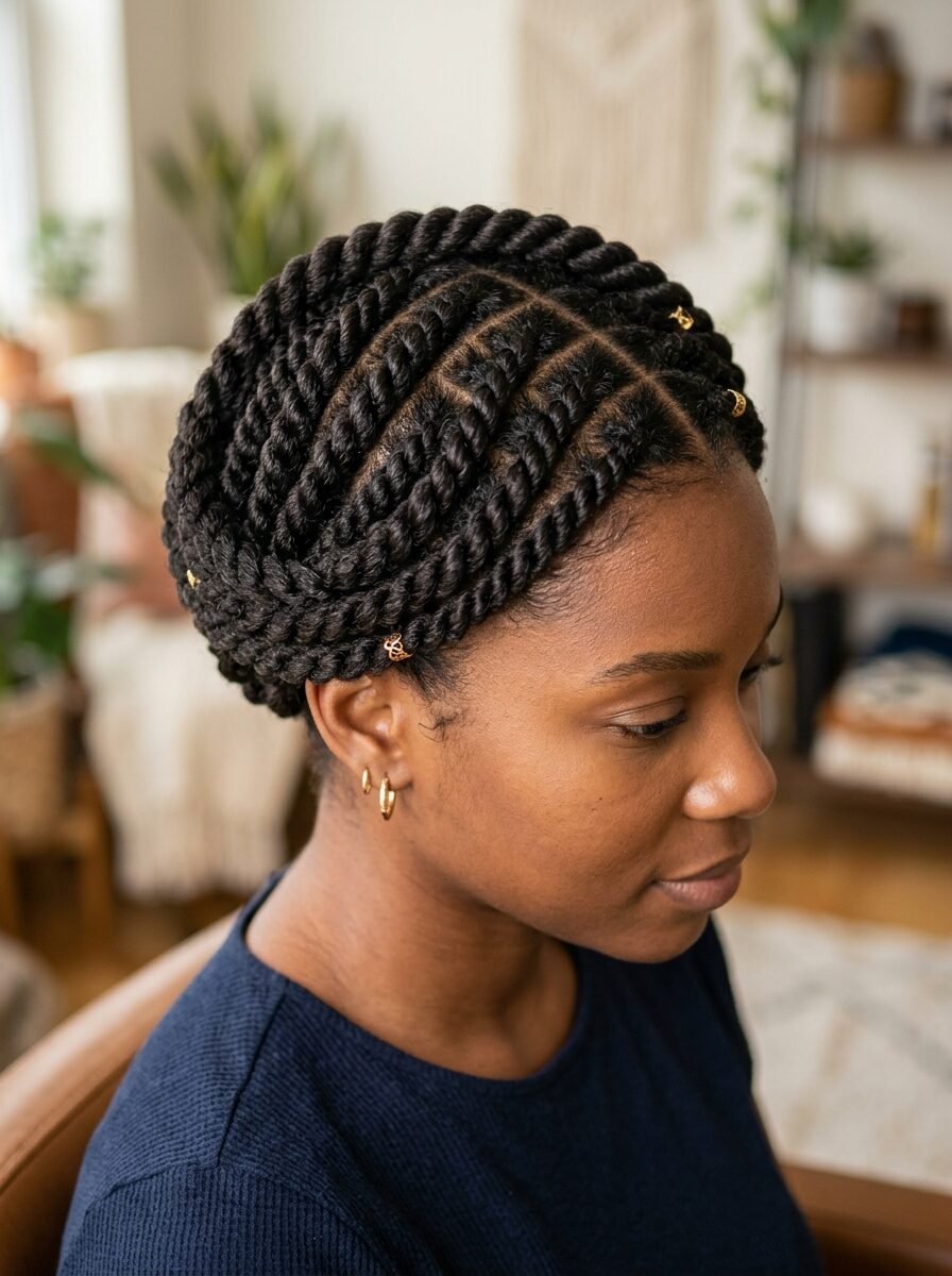 Close up of a woman with dark hair styled in neat rope twists and decorated with delicate gold charms.