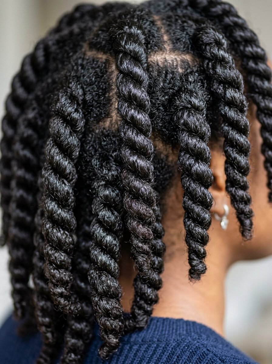 Back view of a person with dark textured hair styled into individual rope twists.