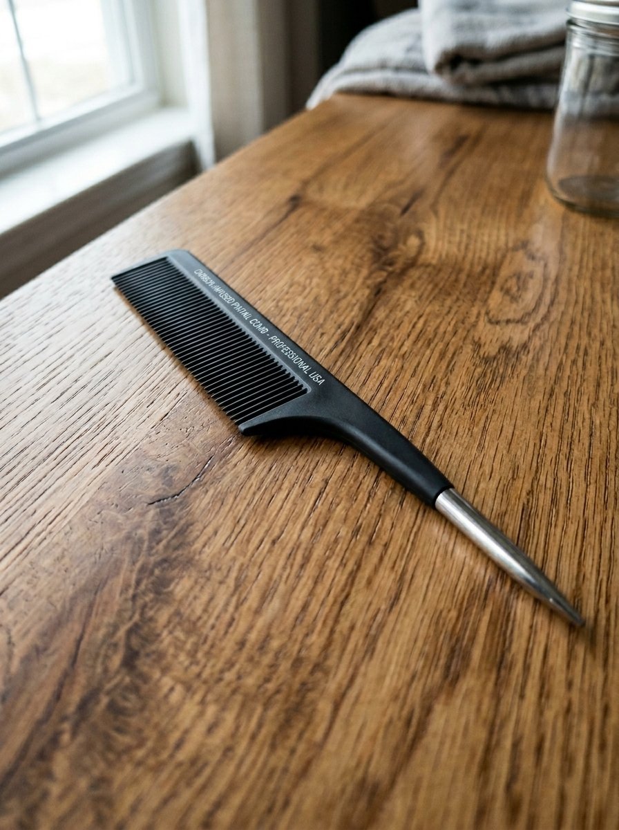 Close up of a black styling comb with a metal pick resting on a rustic oak table near a bright window.