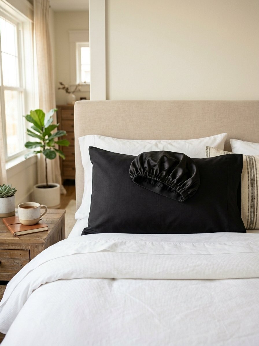 A black satin sleep cap sits on top of a dark bedding pillow in a bright, modern bedroom setting.