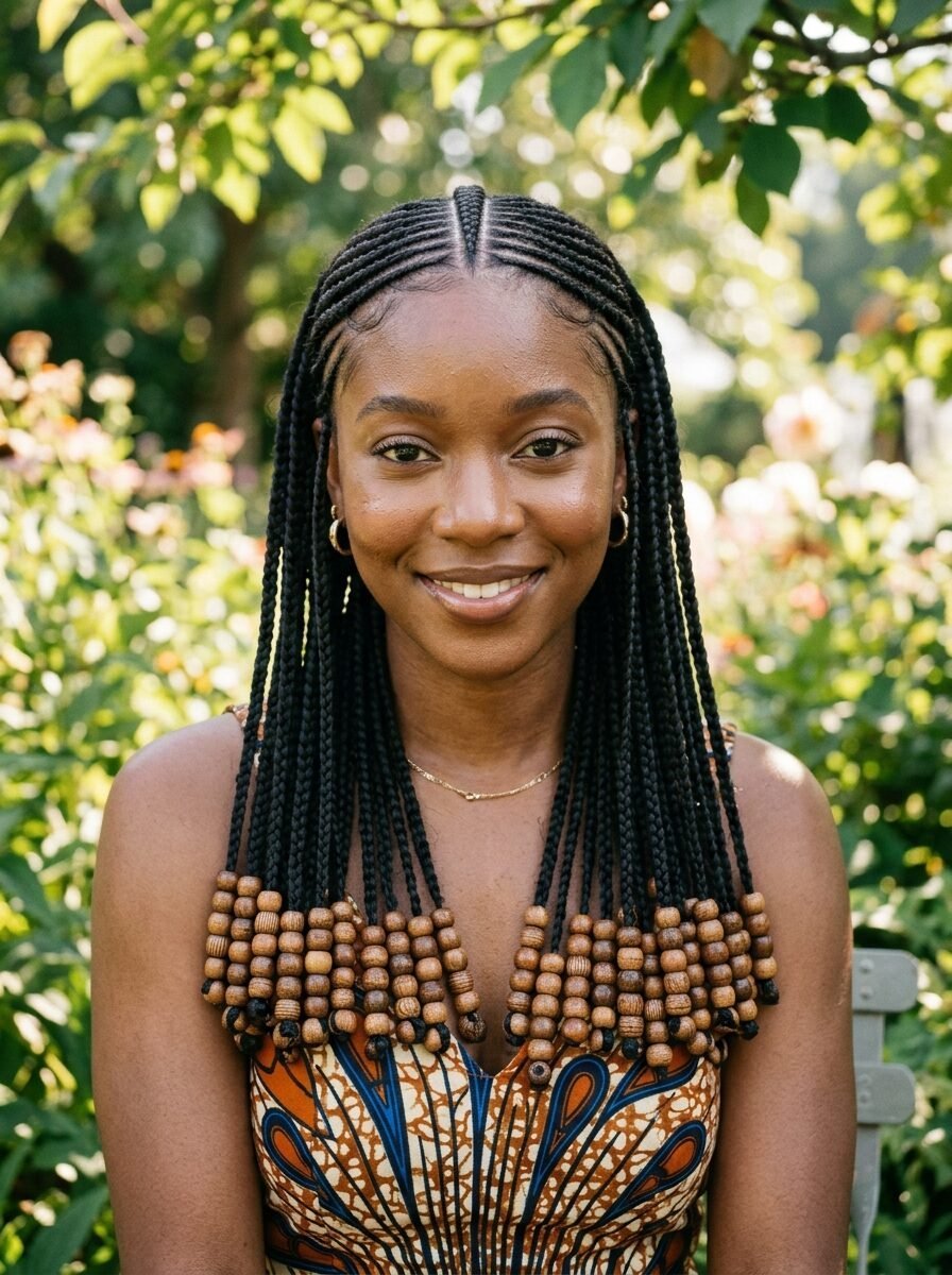 Portrait of a smiling woman with dark skin and braided hair decorated with wooden beads outdoors.