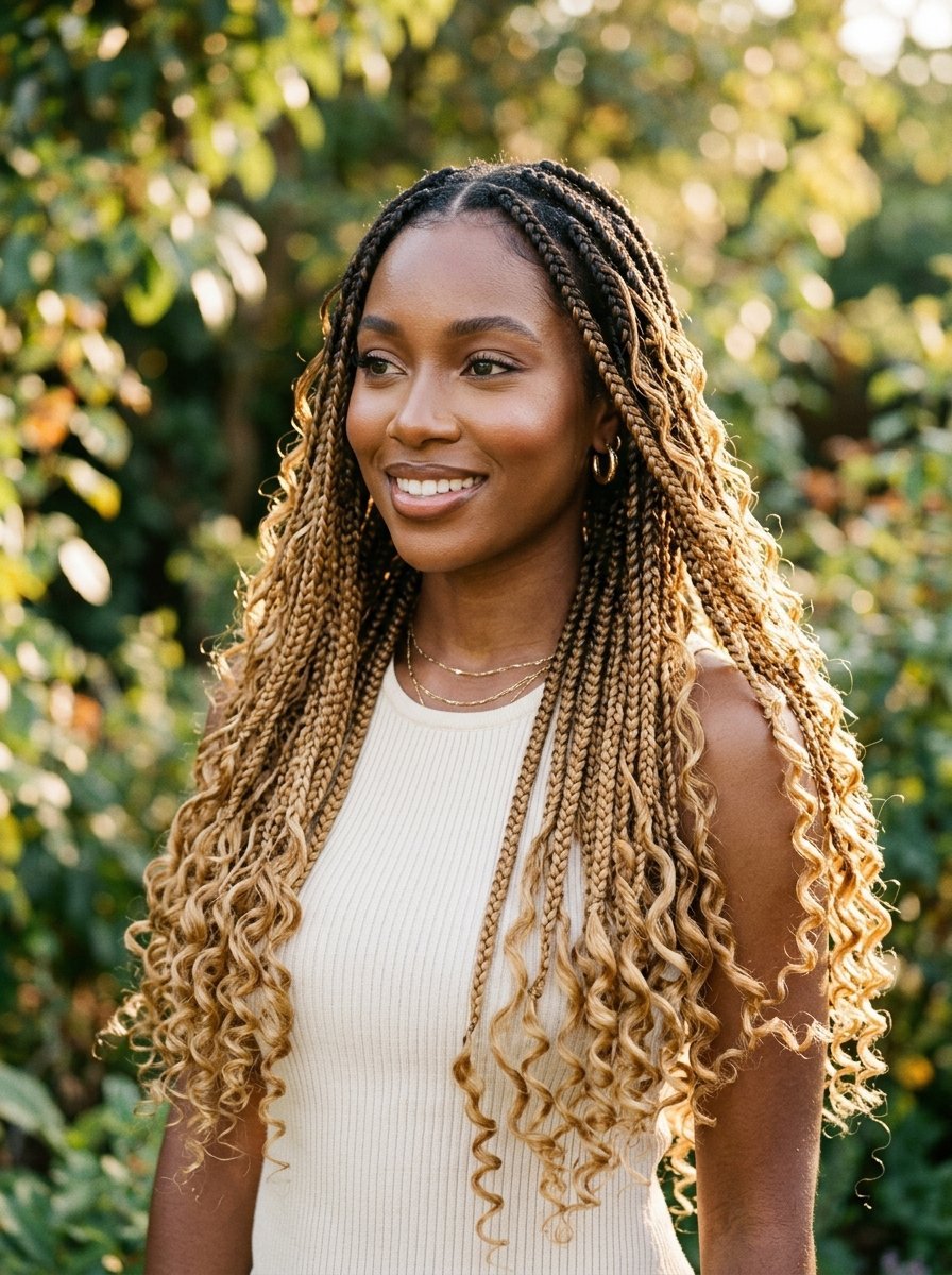 Portrait of a woman with braided blonde hair featuring loose, curly ends standing in a garden.