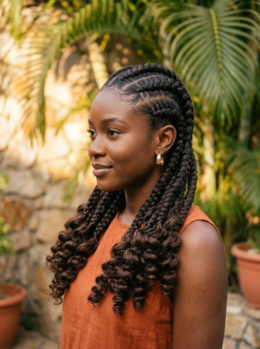 Side profile of a woman with dark brown cornrows and curly hair ends wearing gold hoop earrings.