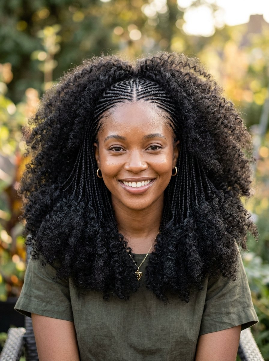 Portrait of a smiling Black woman with a half-up braided cornrow style featuring voluminous curly hair extensions.