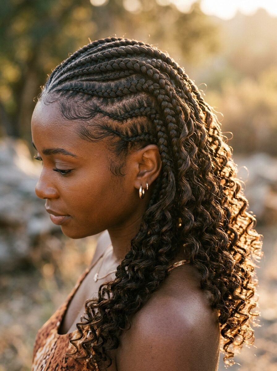 Close-up side profile of a woman with cornrows transitioning into long cascading dark curls at sunset.