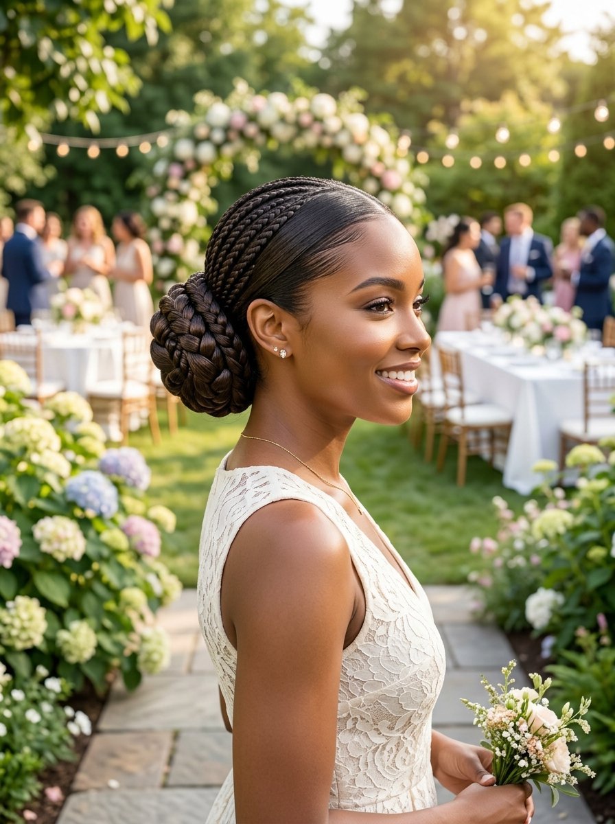 Side profile of a woman with braided hair and a white lace dress standing at an outdoor garden wedding.