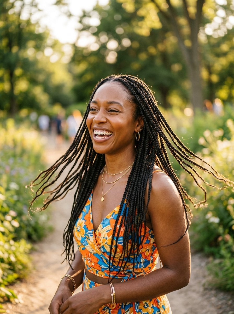Portrait of a smiling woman with box braids wearing a bright orange floral wrap dress in a sunlit park.