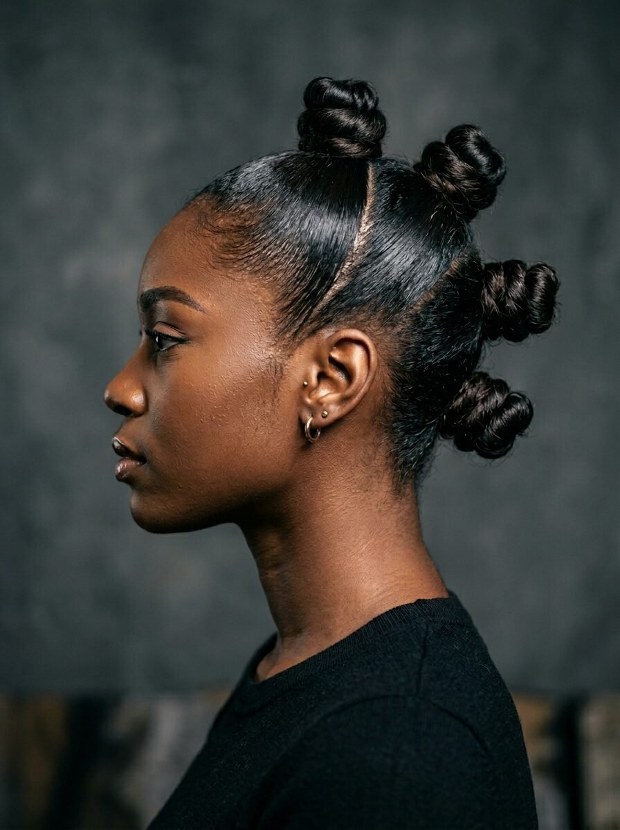 Side profile of a woman with sleek hair styled into multiple small buns on a textured grey background.
