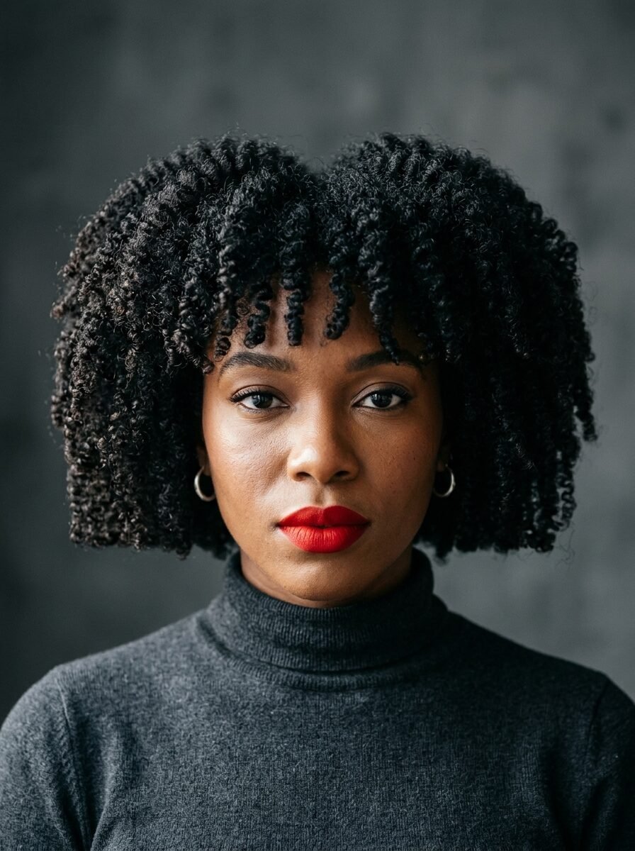 A woman with dark, textured curly hair wears a grey turtleneck sweater against a matching charcoal backdrop.