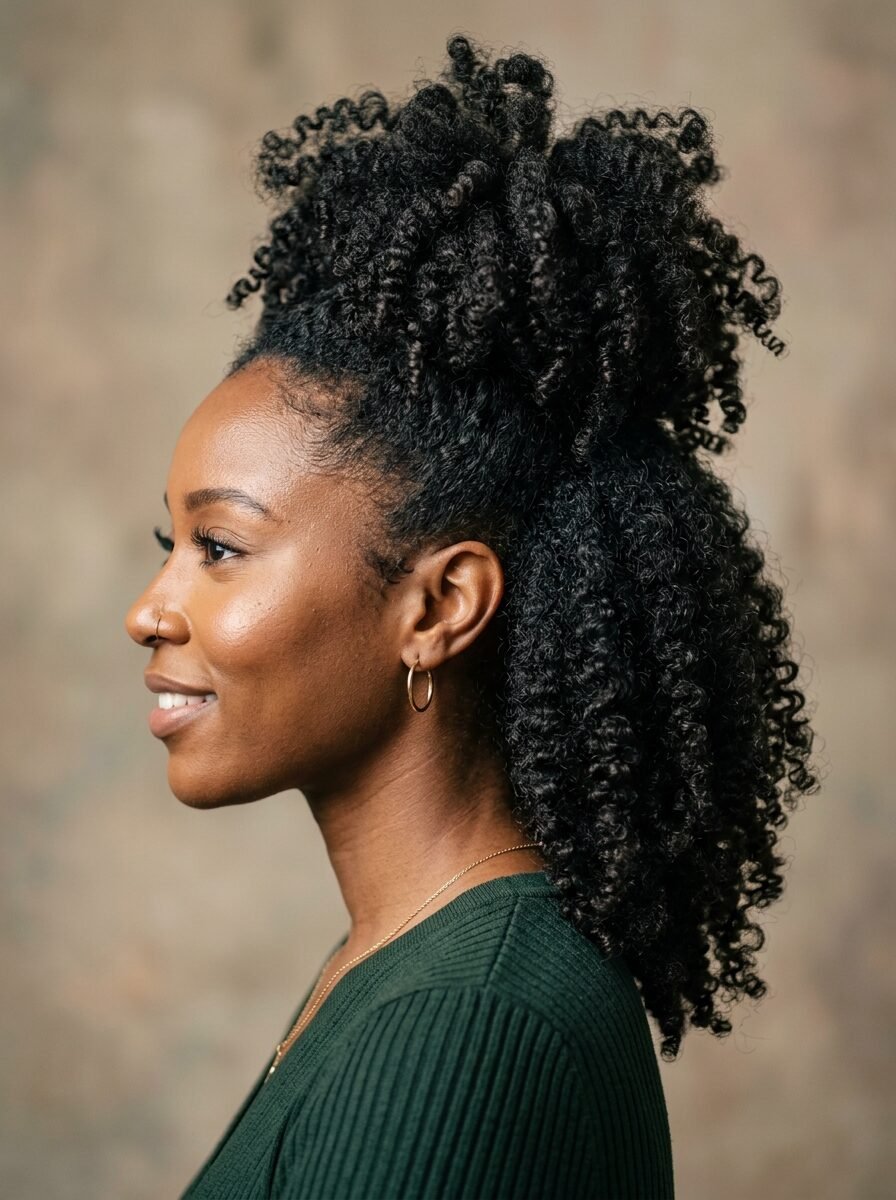 A side view of a smiling woman with voluminous dark curly hair styled in a half-up ponytail.