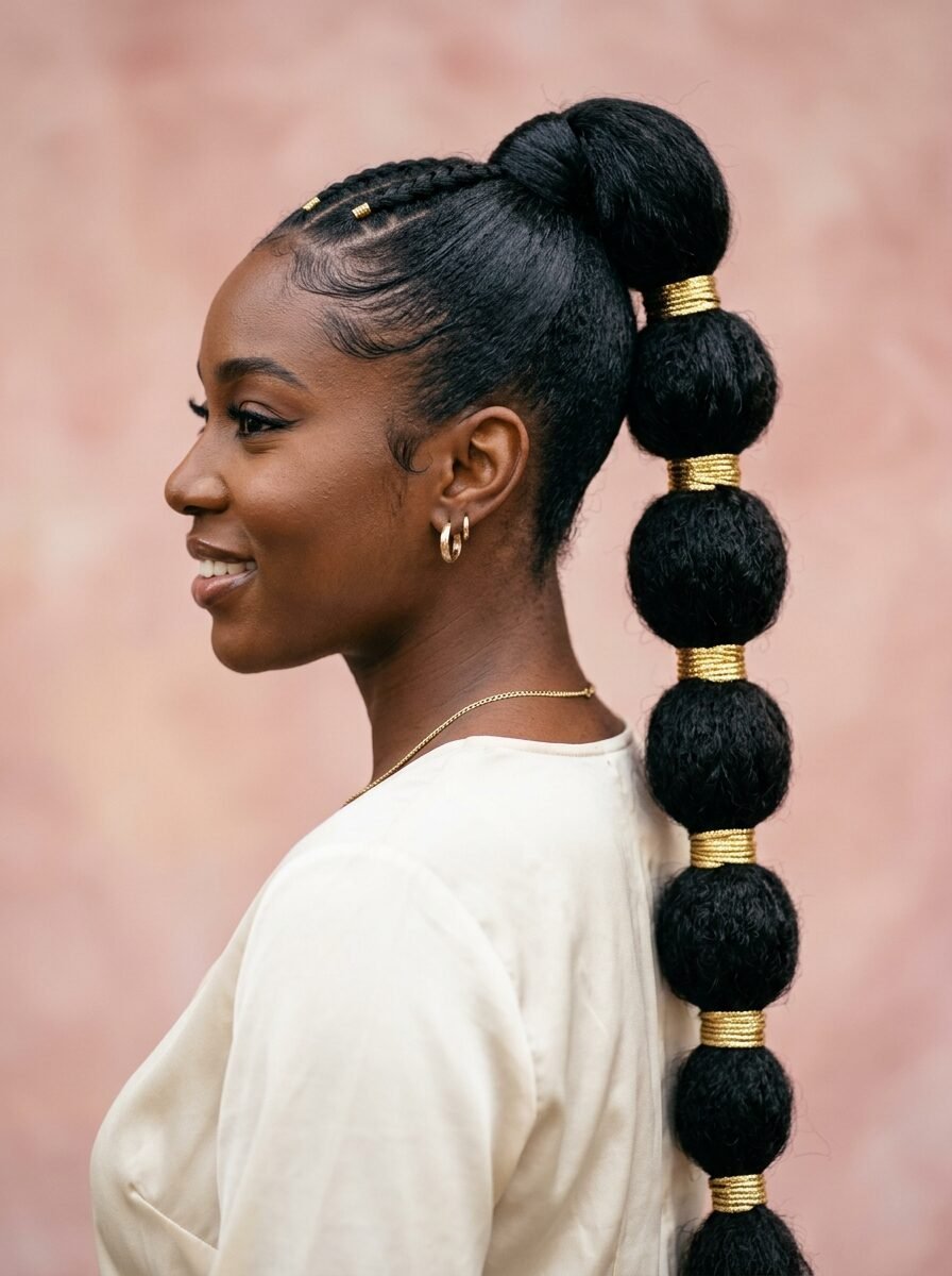 Side profile of a woman with a high-texture bubble ponytail held by gold hair wraps against a pink background.