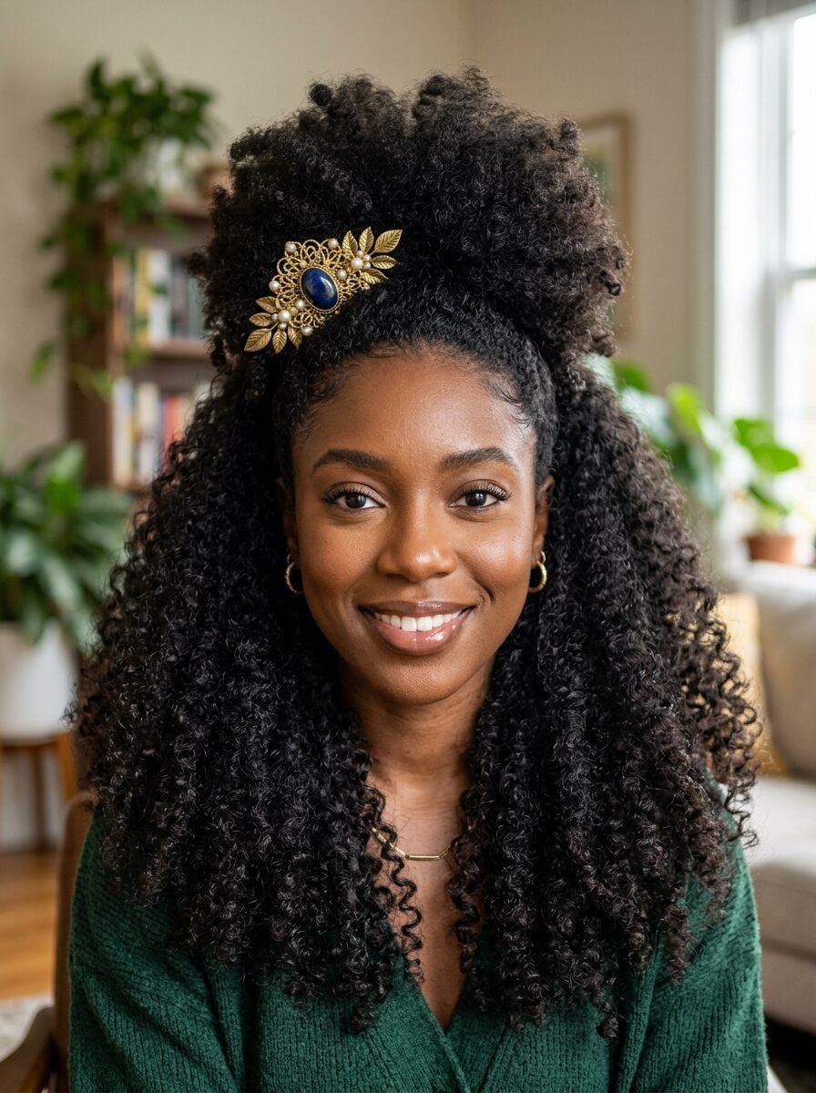 Portrait of a Black woman with a half-up hairstyle secured by an ornate gold and blue stone hair clip.