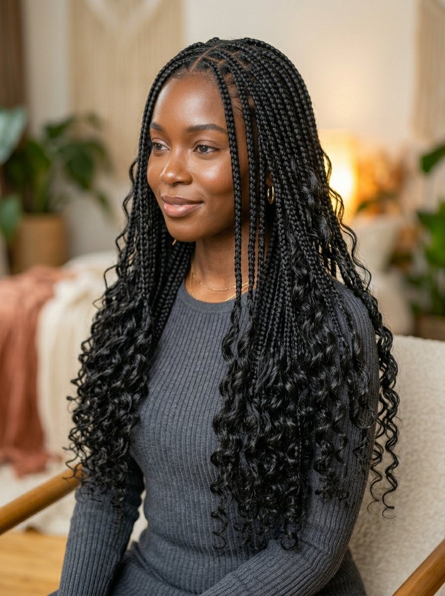Portrait of a Black woman with long box braids featuring loose curly ends wearing a grey ribbed sweater.