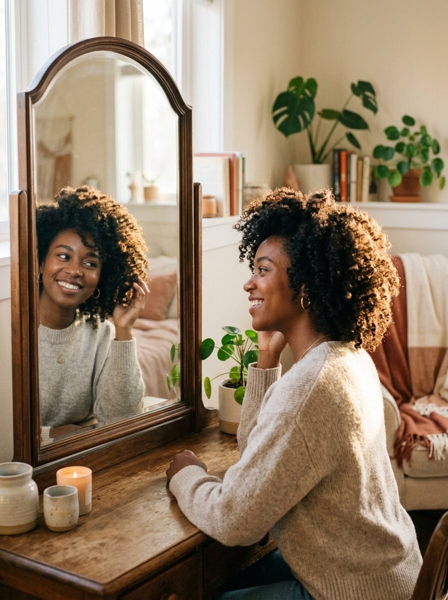 Side profile of a woman with curly hair looking at her reflection in a wooden vanity mirror at home.