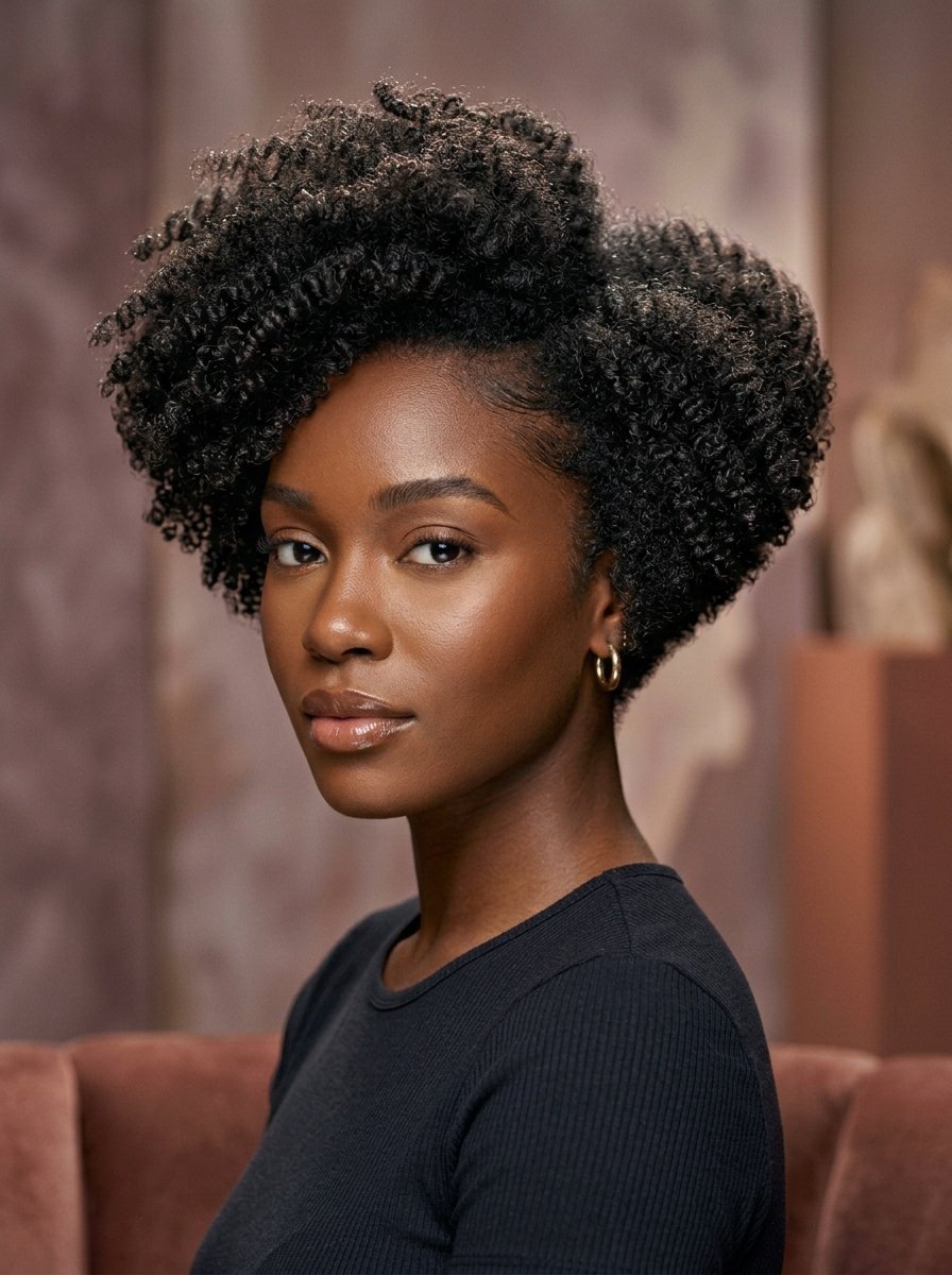 Close up portrait of a woman with dark skin and voluminous natural afro-textured hair wearing gold hoop earrings.