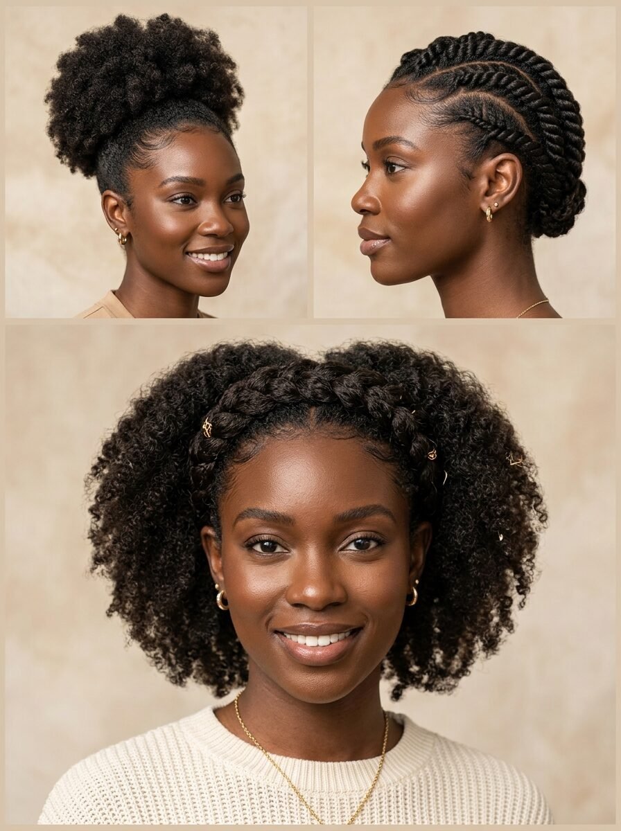 A collage showing a Black woman styling her natural curly hair in a high puff, flat twists, and a braided headband.