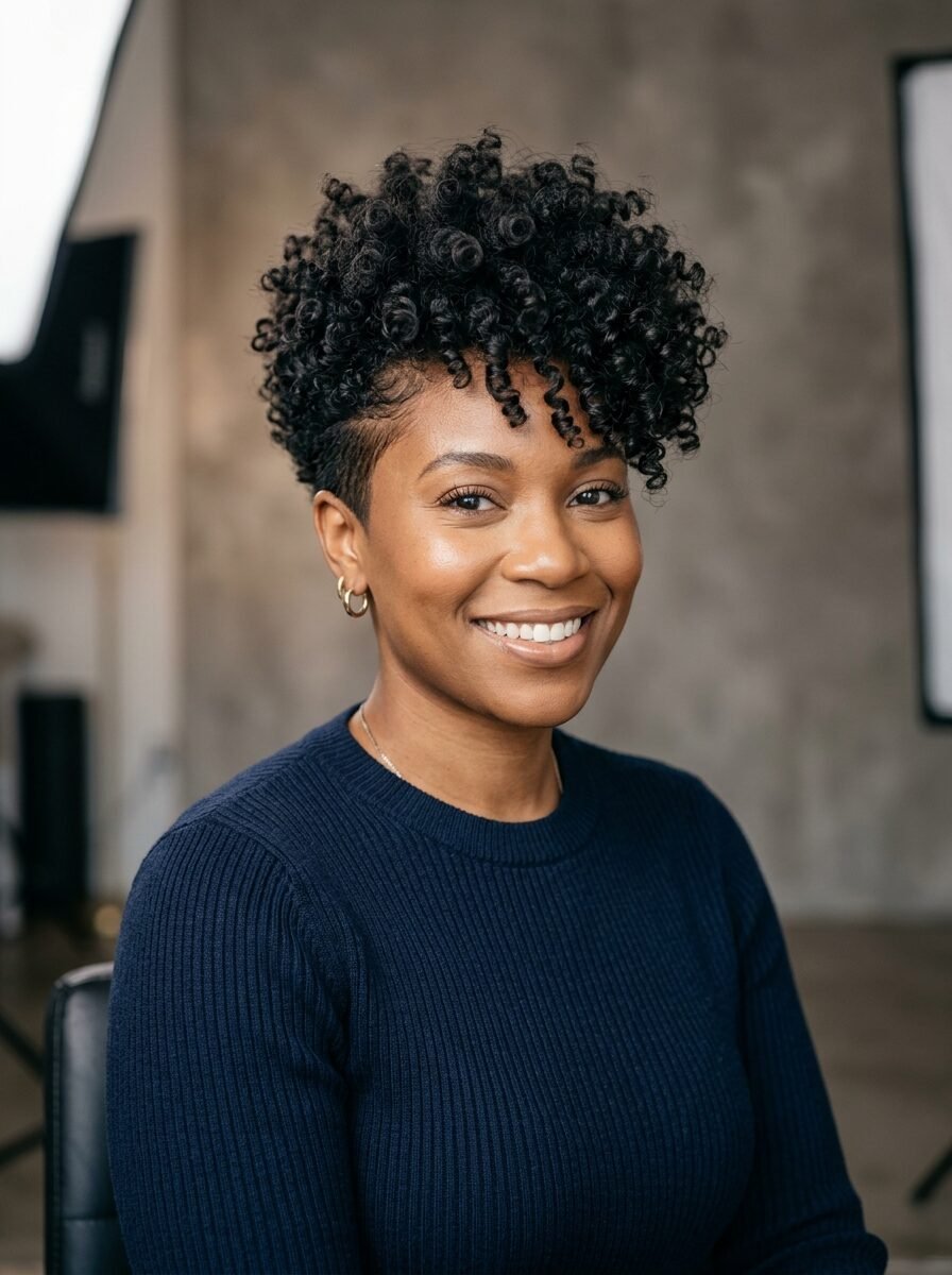 Portrait of a Black woman with short, curly hair and a faded undercut wearing a dark blue ribbed sweater.
