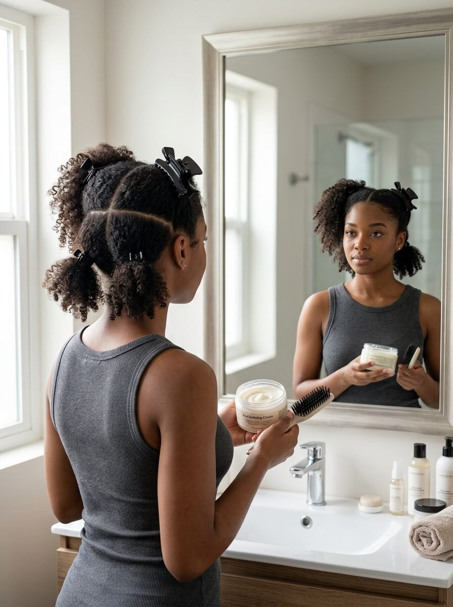 A woman with sectioned curly hair holds a jar of hair cream and a brush in front of a mirror.