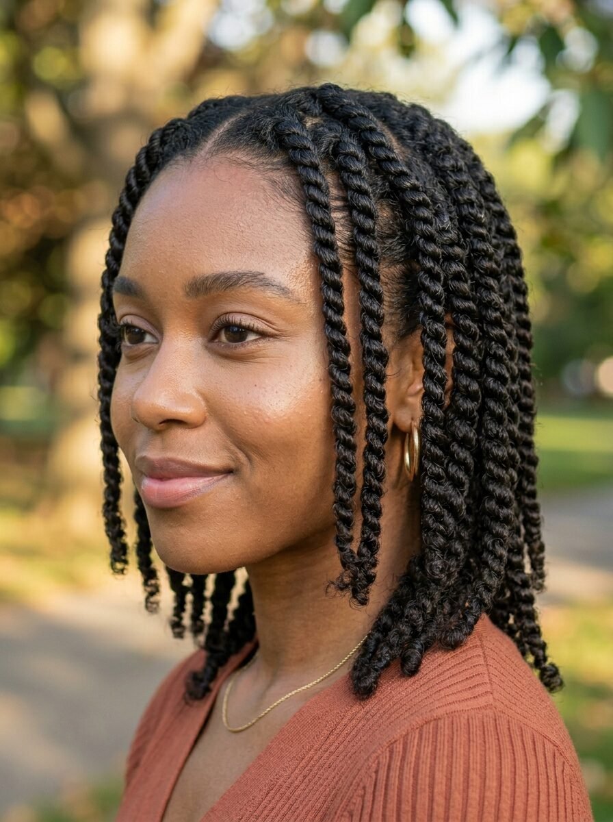 Portrait of a woman with dark skin and shoulder-length two-strand twists looking away from the camera.