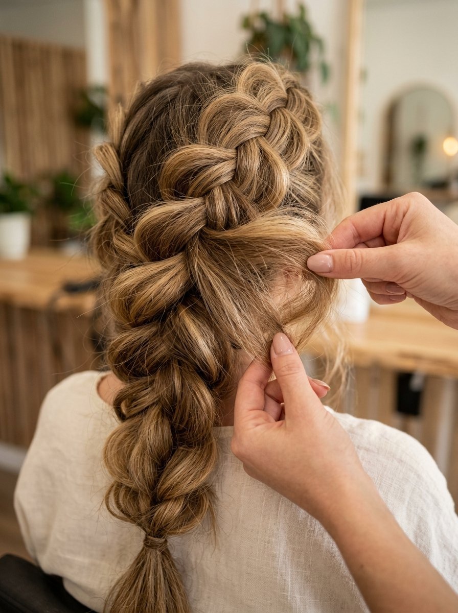 Professional hands teasing a loose, messy blonde braid on a woman in a salon setting.