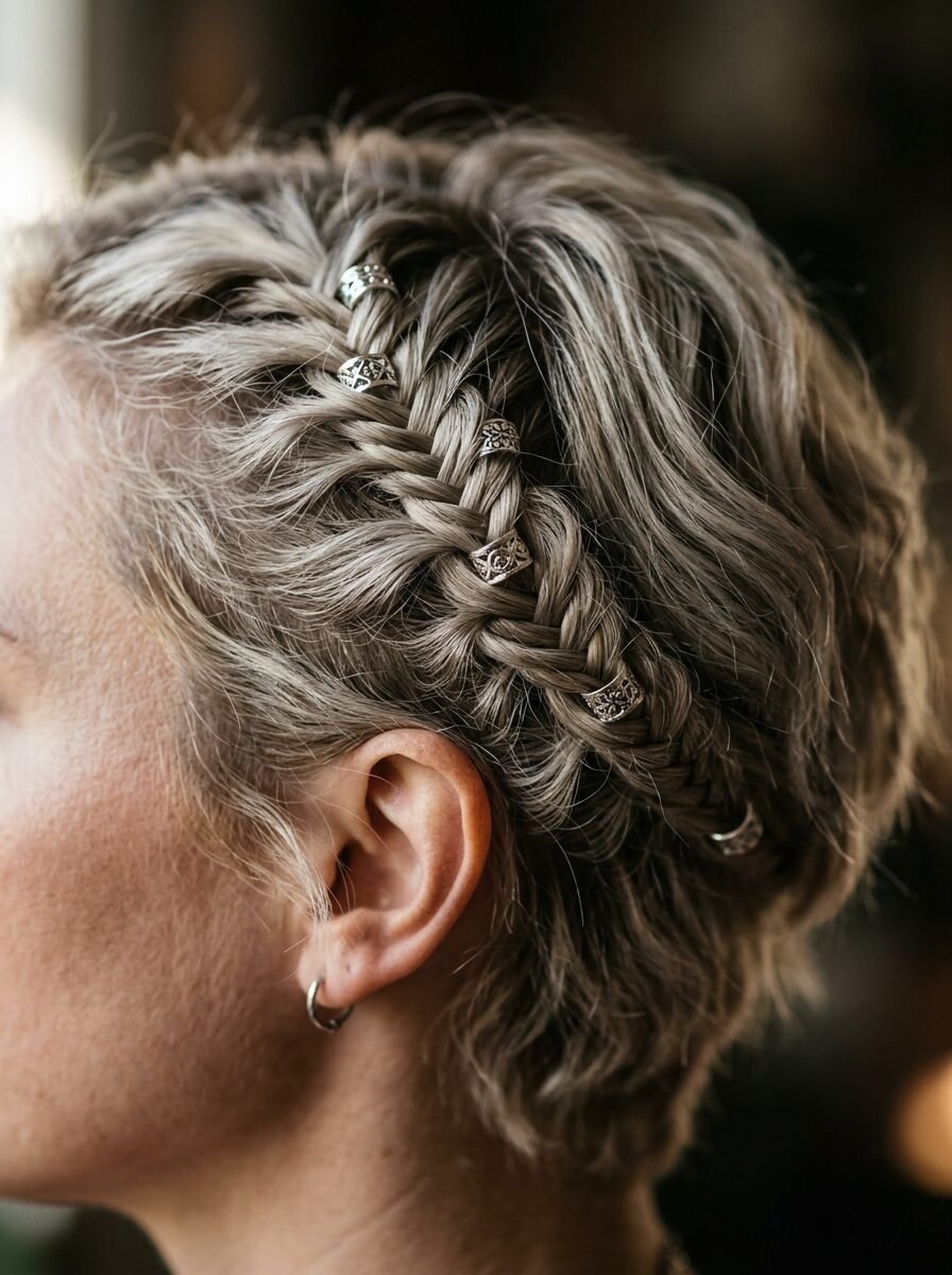 Blonde hair styled in a tight side braid accessorized with small etched metal beads.