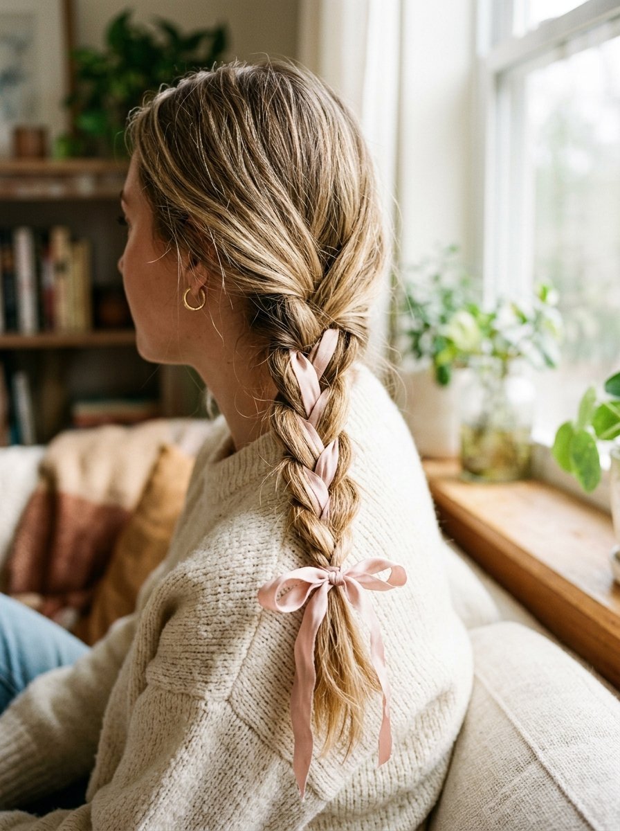 Side view of blonde hair in a loose braid woven with a light pink satin ribbon tied in a bow at the bottom.